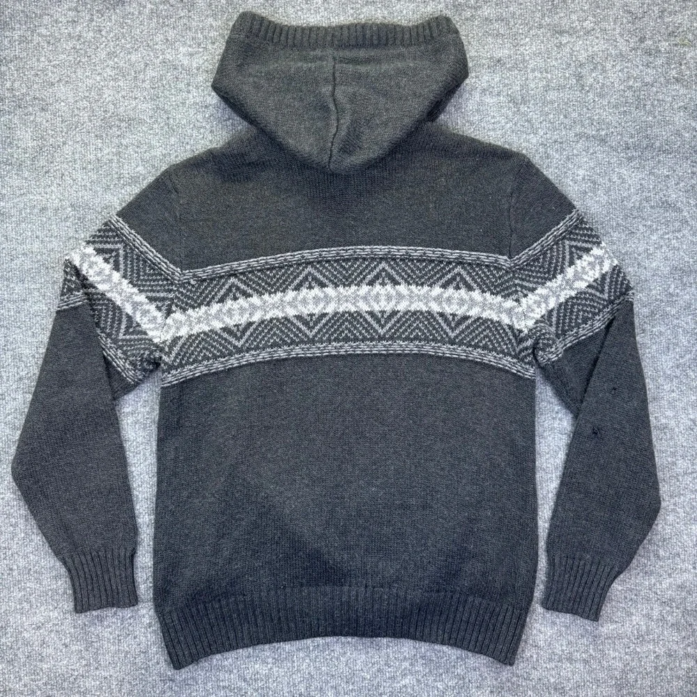 American Eagle Mens Soft Charcoal Grey Fair Isle Knit Hoodie Sweater Pullover LG